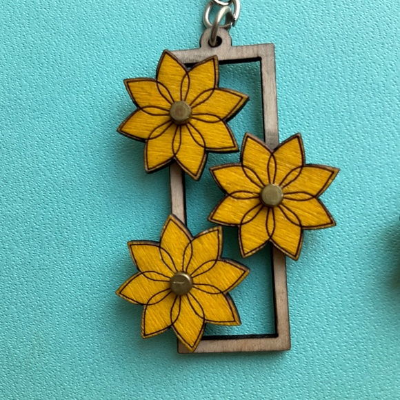 Kinetic Flower Gear Earrings - laser Cut from Reforested Wood Yellow & Natural - Picture 5 of 9